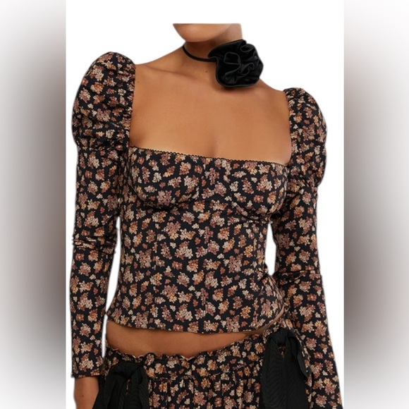 NWT WeWoreWhat Long Sleeve Floral Corset Bustier‎ Top Black Floral Underwire Sz8 - Picture 1 of 9
